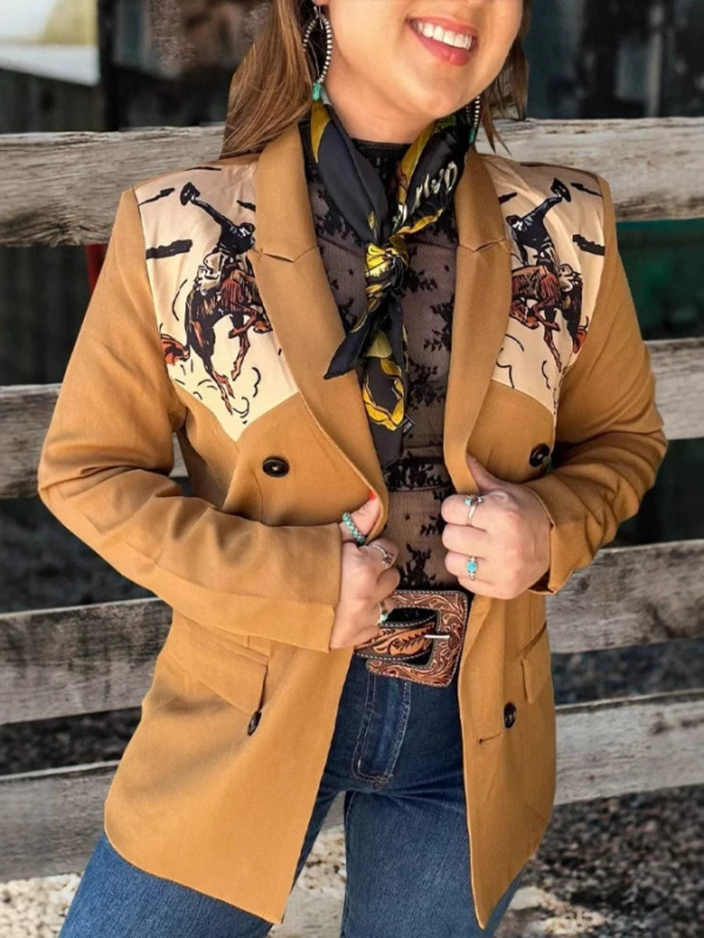Long Sleeve Digital Print Notch Lapel Pocket Jacket